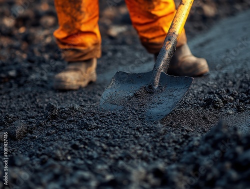 Close-up of asphalt being spread by a worker's shovel, black tar glistening under the sun, fine details of road texture and worker s boots in the frame photo