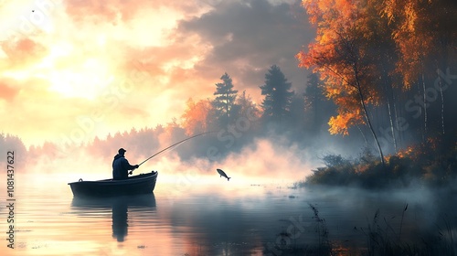 A fisherman catching fish from a boat with a fishing rod, surrounded by a foggy lake in the morning photo