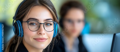 Confident young woman wearing stylish eyeglasses and headphones displaying a positive and engaged expression suggesting a successful productive