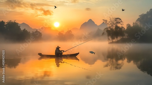 A fisherman catching fish from a boat with a fishing rod, surrounded by a foggy lake in the morning