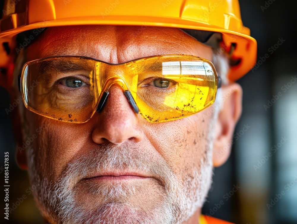 Zoomed-in view of a road worker s face, concentration in their eyes, reflective safety glasses showing the worksite, dirt smudges on cheeks, bright orange vest in focus Zoomed-in view of a road worker s face, concentration in their eyes, reflective safety glasses showing the worksite, dirt smudges on cheeks, bright orange vest in focus