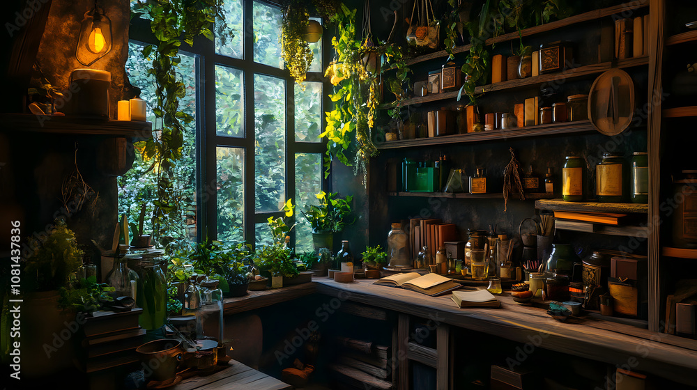 Enchanted Potion Room with Lush Plants Enchanted Potion Room with Lush Plants
