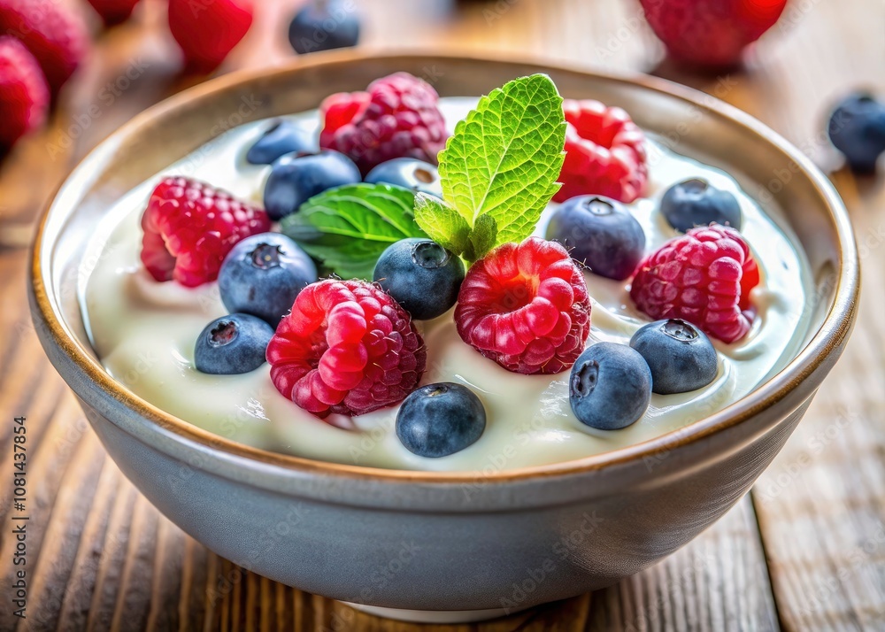 A Fresh Bowl of Yogurt with Blueberries and Raspberries - Healthy Breakfast Delight, Macro Photography, Fresh Ingredients, Natural Colors, Delicious Treat A Fresh Bowl of Yogurt with Blueberries and Raspberries - Healthy Breakfast Delight, Macro Photography, Fresh Ingredients, Natural Colors, Delicious Treat