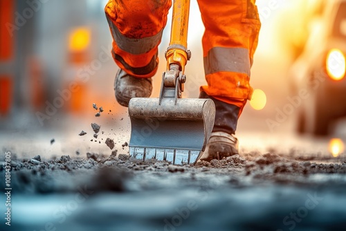 A road construction worker with a jackhammer breaking pavement, selective focus on the jackhammer s movement, surreal, manipulation, busy urban road backdrop