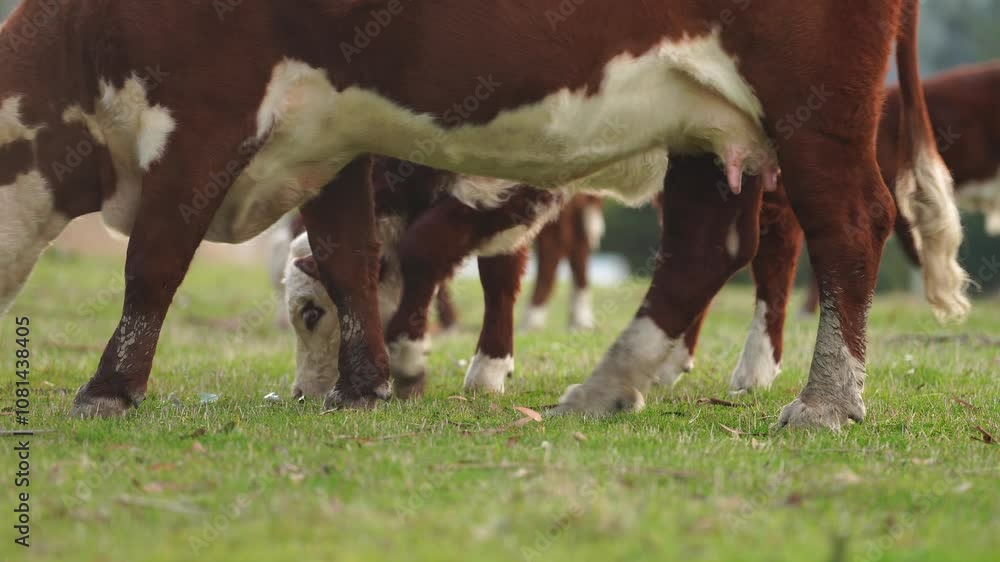 hereford beautiful cattle in Australia eating grass, grazing on pasture. Herd of cows free range beef being regenerative raised on an agricultural farm. Sustainable farming of food crops. Cow in field