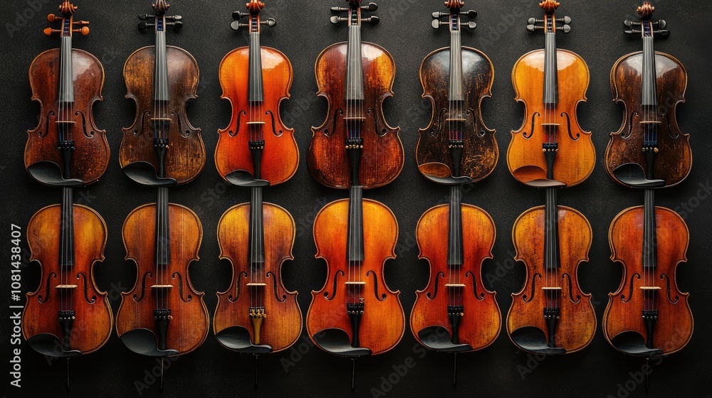 Naklejka premium A row of twelve violins, each with a unique varnish and grain pattern, against a dark backdrop.