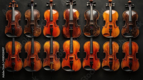 A row of twelve violins, each with a unique varnish and grain pattern, against a dark backdrop. photo