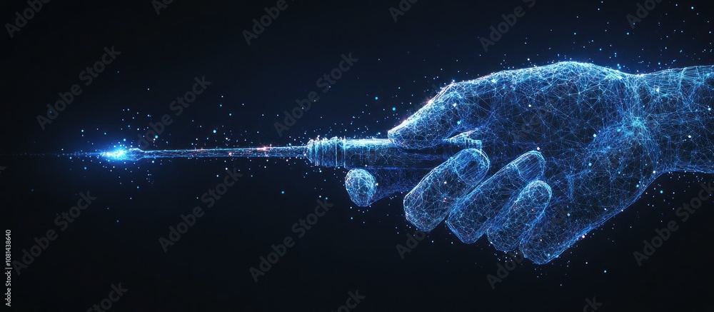 A glowing digital hand holding a glowing rod, with a blue light emanating from the rod. A glowing digital hand holding a glowing rod, with a blue light emanating from the rod.