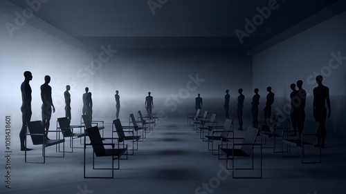 Monochromatic group meeting, scene images, separated by commas silhouettes, minimalist, circular arrangement, meeting space, shadow play, modern architecture, black and white, empty chairs, group ther