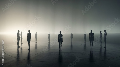 Monochromatic group meeting, scene images, separated by commas silhouettes, minimalist, circular arrangement, meeting space, shadow play, modern architecture, black and white, empty chairs, group ther