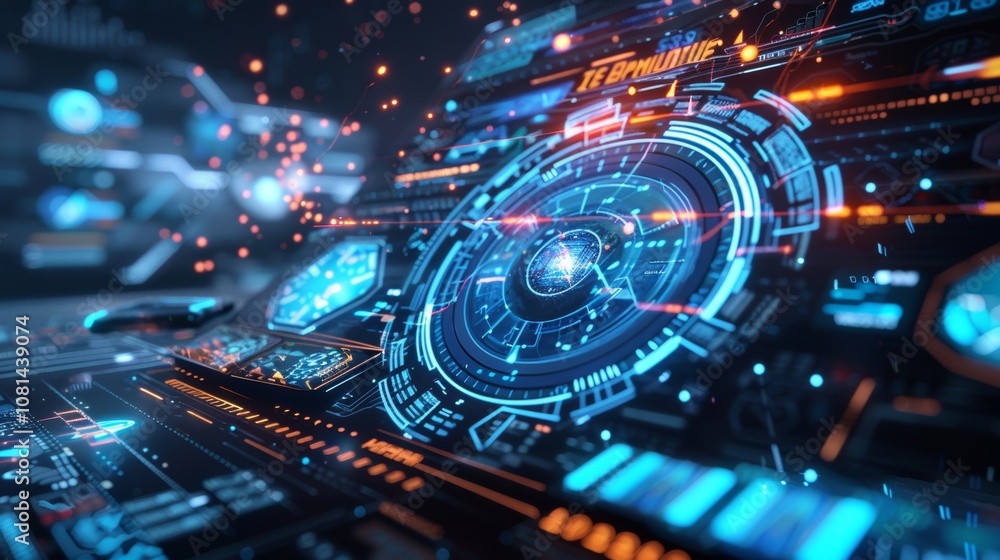 Complex circular head up display interface with rotating core and data stream, representing advanced technology and futuristic user interface design Complex circular head up display interface with rotating core and data stream, representing advanced technology and futuristic user interface design