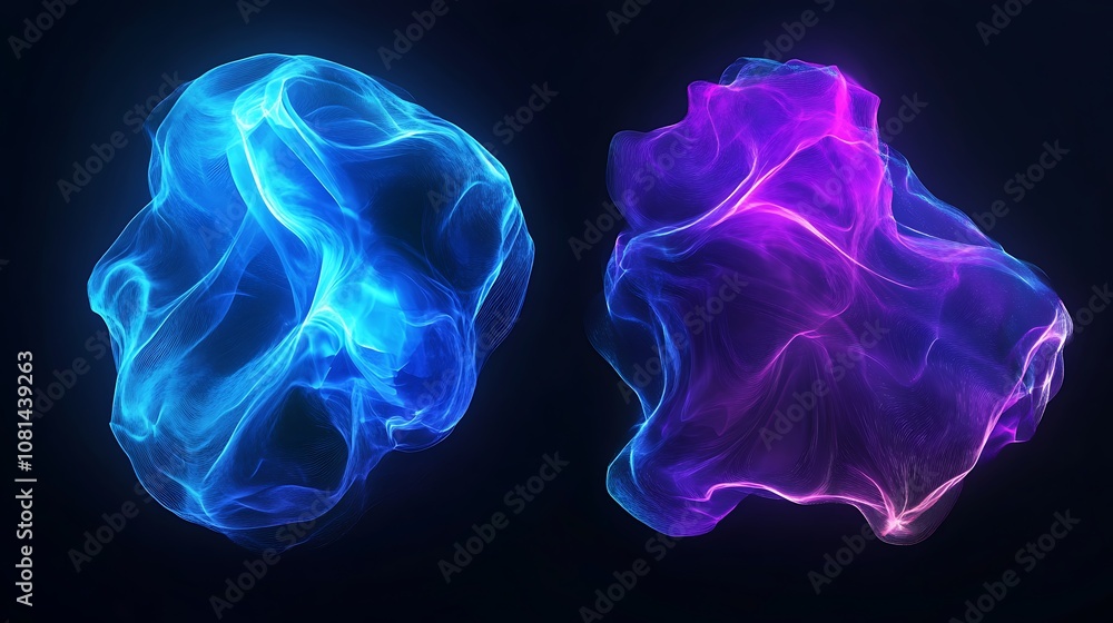 Two abstract glowing orbs of blue and purple energy on a black background. Two abstract glowing orbs of blue and purple energy on a black background.