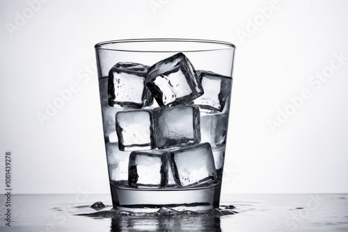 A clear glass filled with ice cubes and water, ready to be a refreshing drink photo