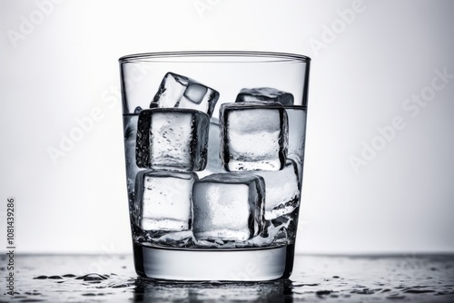 A clear glass filled with ice cubes and water, ready to be a refreshing drink photo