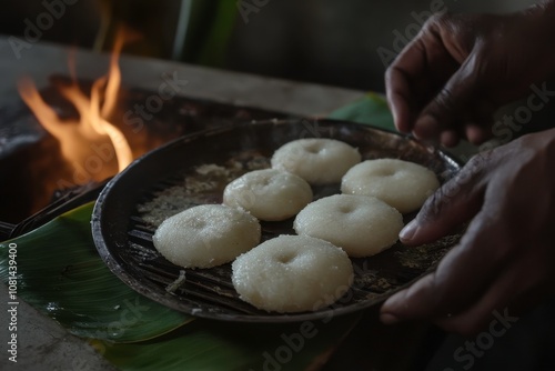 Traditional Cooking of Rice Cakes in India with Hands Placing Steamed Delicacies on a Plate Near an Open Flame and Green Banana Leaves