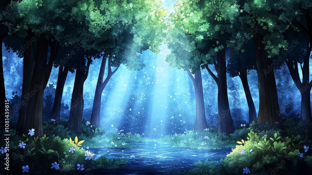 Obraz premium Magical Enchanted Forest Mystical Blue Light Fantasy Nature Scene Fantasy Background Woodland Lake