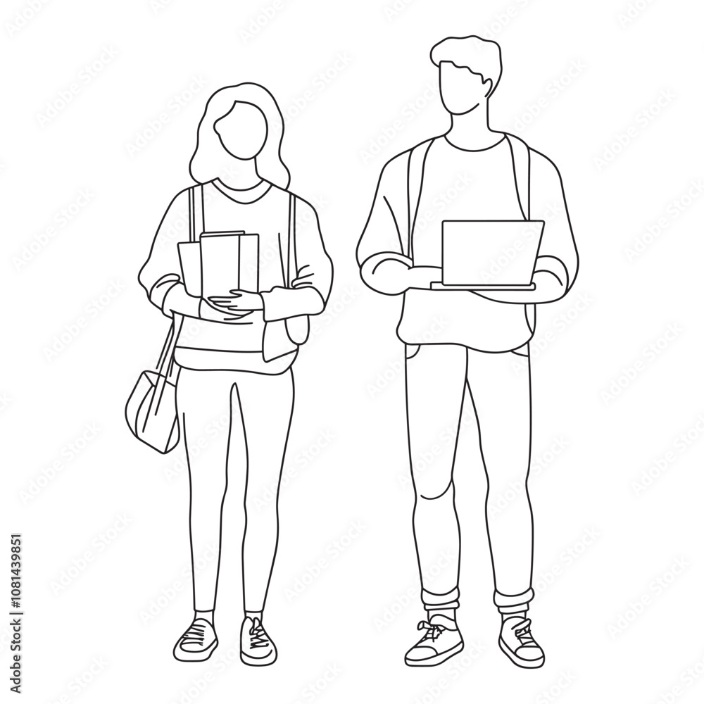 Couple with Backpacks in Casual Line Art Couple with Backpacks in Casual Line Art