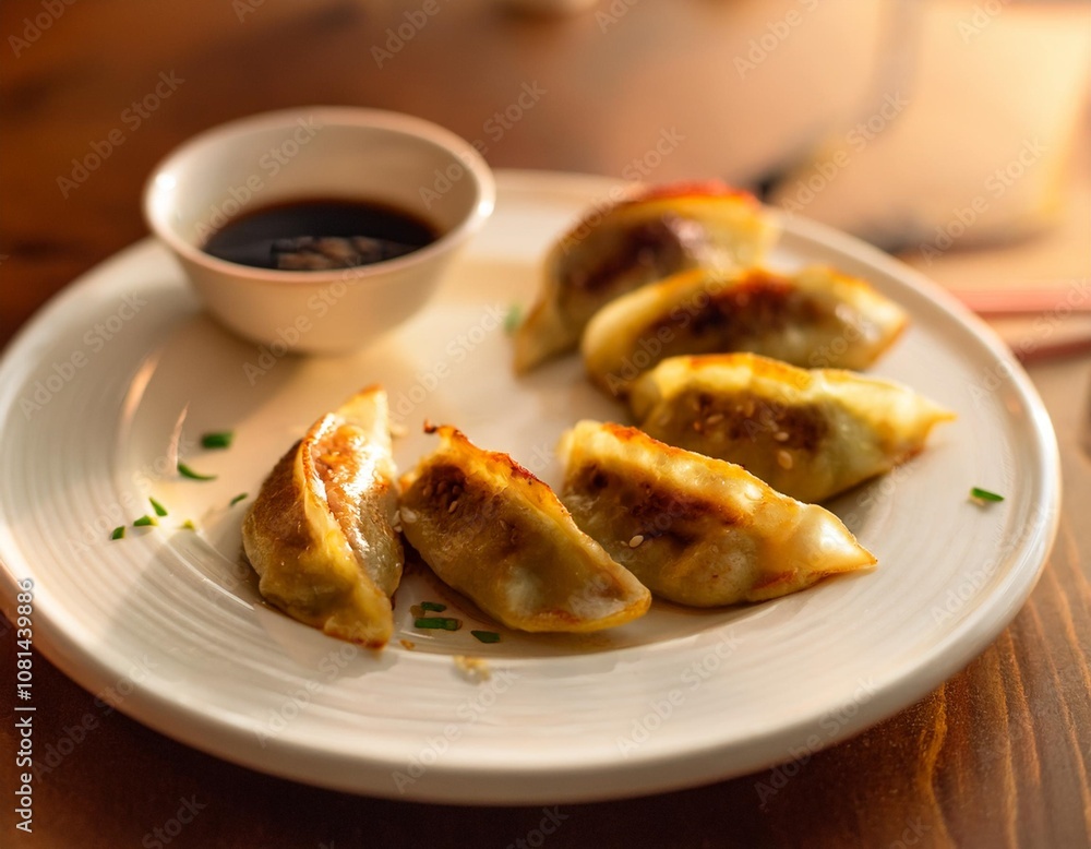 Guotie Chinese Dumplings Perfectly Seared with Crispy Golden Edges and Served with Soy Sauce and Chili Oil on a Clean White Plate with Minimal Garnishing Guotie Chinese Dumplings Perfectly Seared with Crispy Golden Edges and Served with Soy Sauce and Chili Oil on a Clean White Plate with Minimal Garnishing