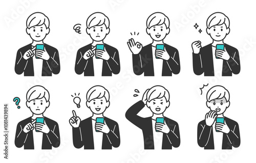 スマホを見ながらいろいろな表情･ポーズをする若い男性のセット【人物ベクターイラスト素材】