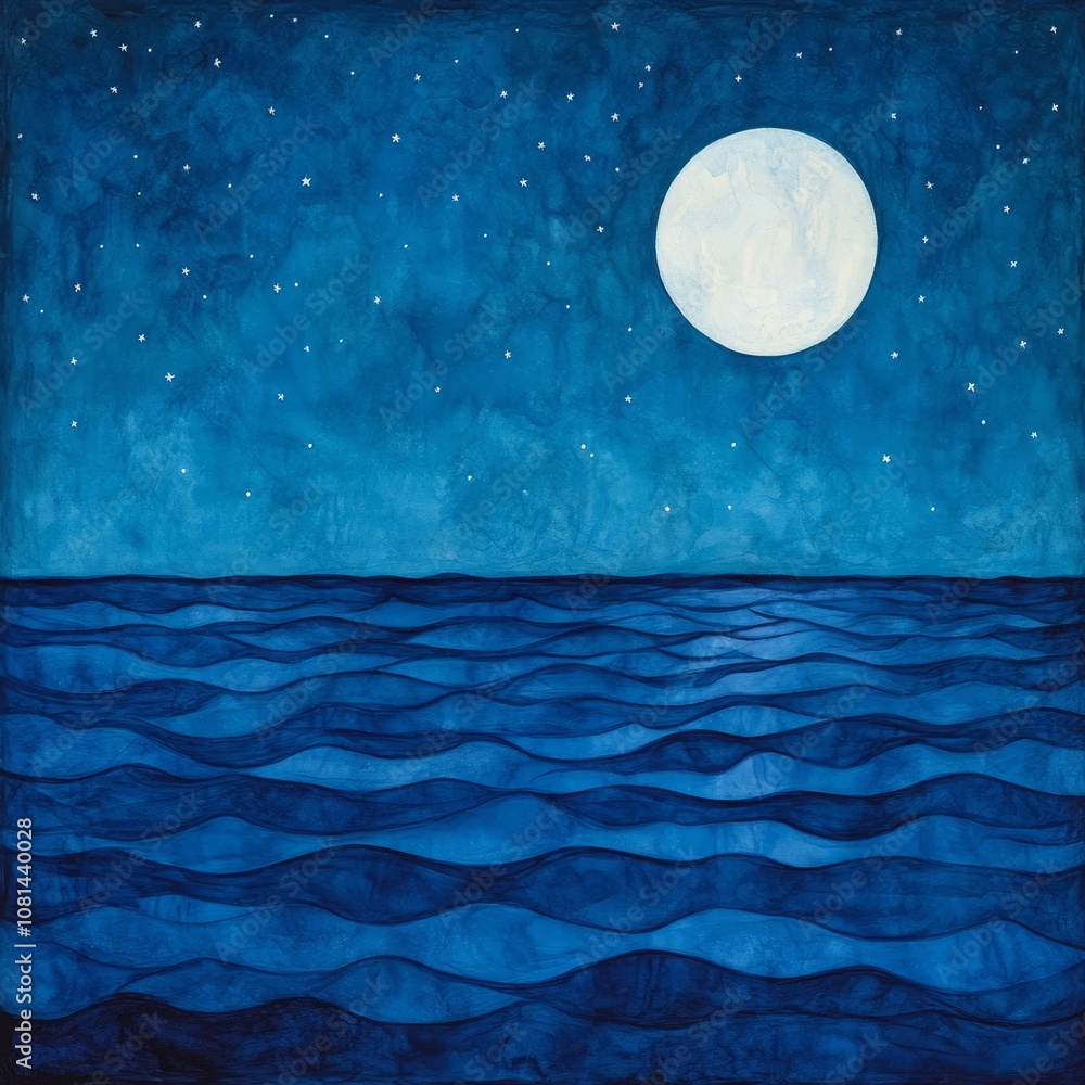 A starry night sky with a full moon shining over calm blue ocean waves ...
