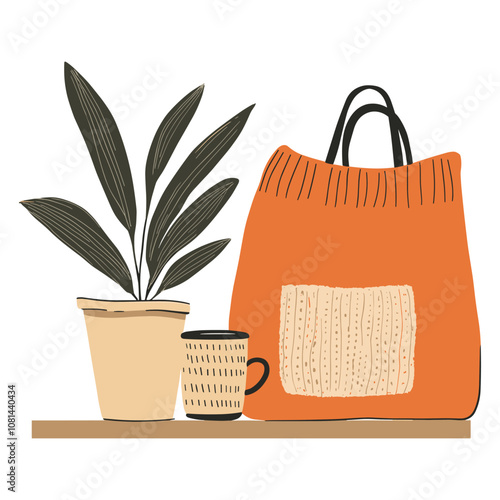 Modern Home Decor with Tote Bag, Coffee Cup, and Plants