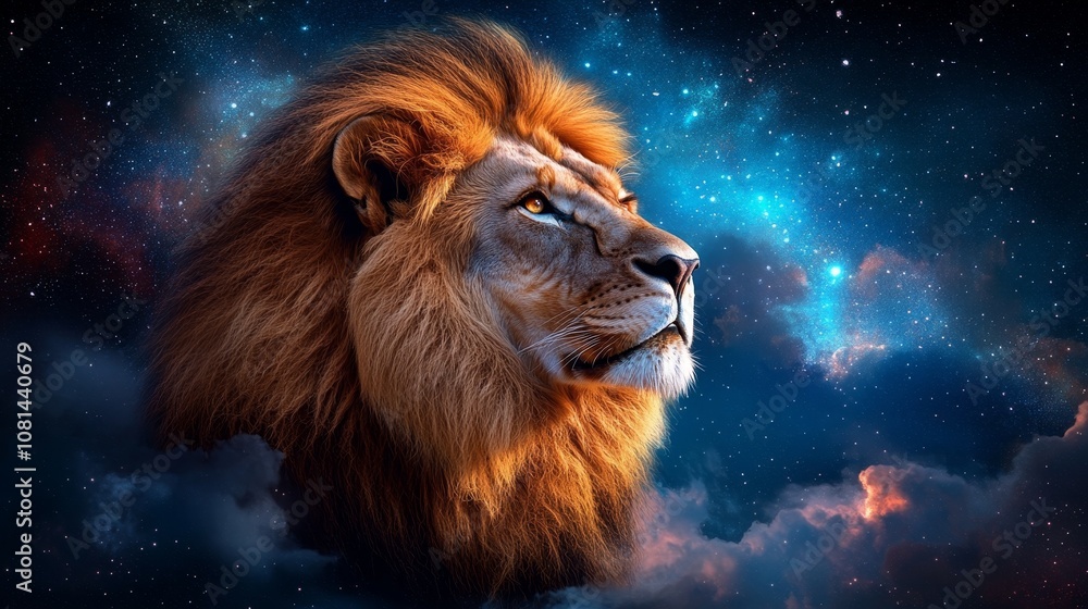 Fototapeta premium Majestic Lion Profile Against Starry Night Sky Wildlife Nature Space Galaxy Power Majesty Dreams