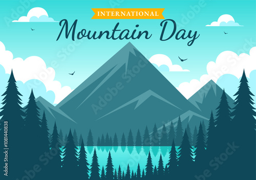 International Mountain Day Vector Illustration Celebrated on December 11, Featuring a Mountain Panorama, Green Valleys, and Trees in a Flat Background