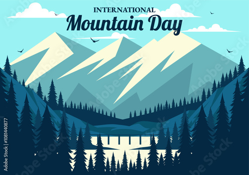 International Mountain Day Vector Illustration Celebrated on December 11, Featuring a Mountain Panorama, Green Valleys, and Trees in a Flat Background