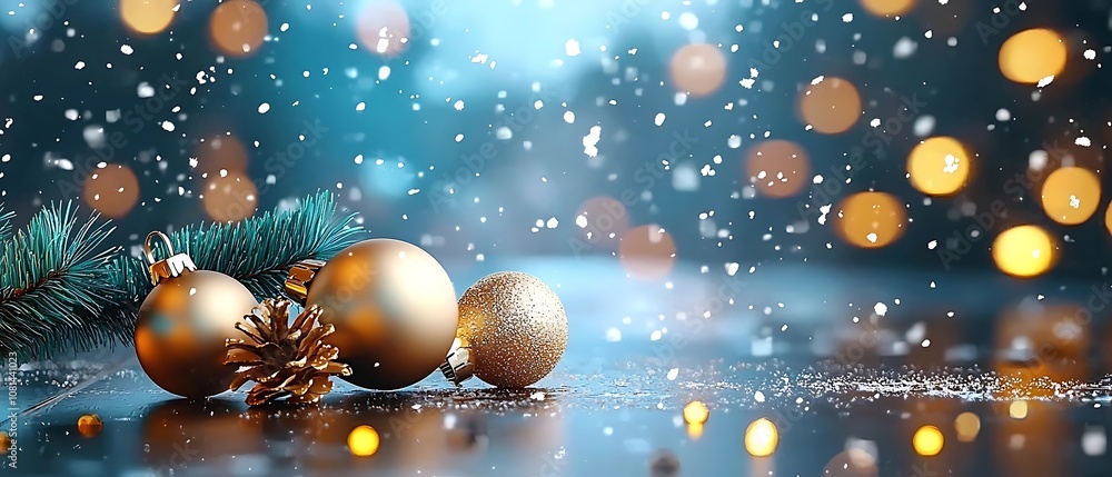 Fototapeta premium Sparkling gold and silver Christmas ornaments and pine branches on a snowy blurred background with bokeh lights Festive cozy and elegant winter holiday design