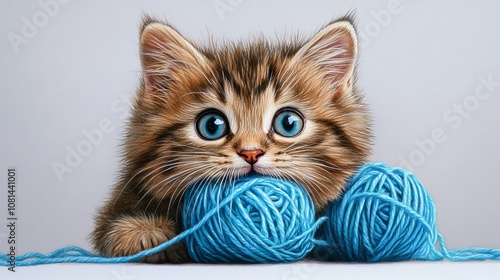 Wallpaper Mural Adorable Kitten Playing with Blue Yarn Balls Torontodigital.ca