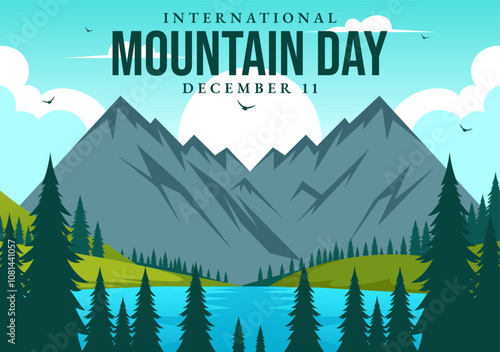 International Mountain Day Vector Illustration Celebrated on December 11, Featuring a Mountain Panorama, Green Valleys, and Trees in a Flat Background