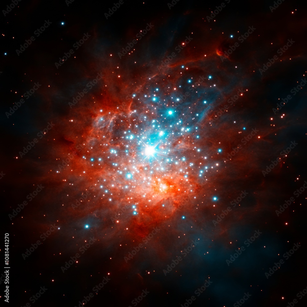 Naklejka premium A vibrant cluster of stars in a nebula, glowing with reds, oranges, blues, and whites.