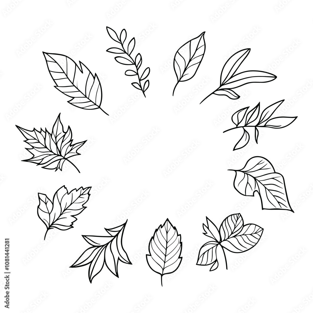 Autumn Leaf Wreath Illustration in Black and White