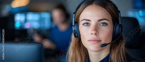 Portrait of a serious and focused young professional woman wearing a headset while sitting at a desk in an office environment indicating her role in providing technical support or customer service photo