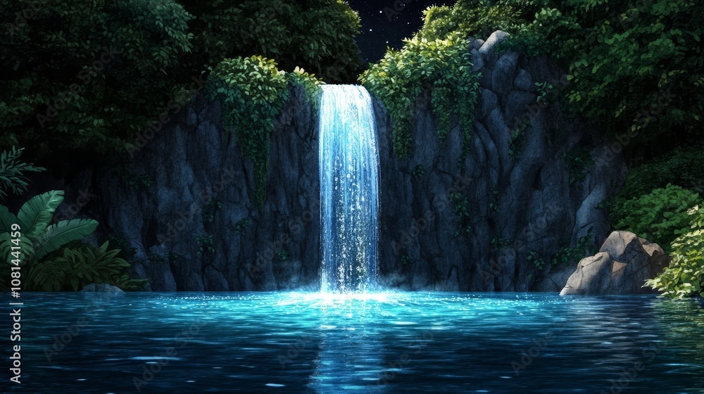 Fototapeta premium Serene Night Waterfall Lush Tropical Rainforest Dark Blue Pool