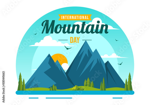 International Mountain Day Vector Illustration Celebrated on December 11, Featuring a Mountain Panorama, Green Valleys, and Trees in a Flat Background