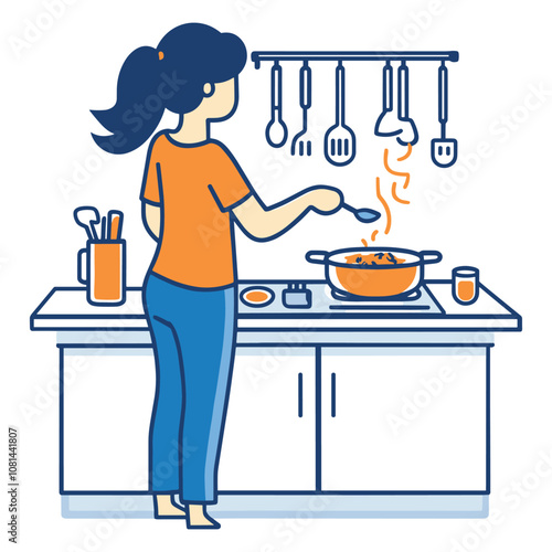 Woman Cooking Soup in Modern Kitchen