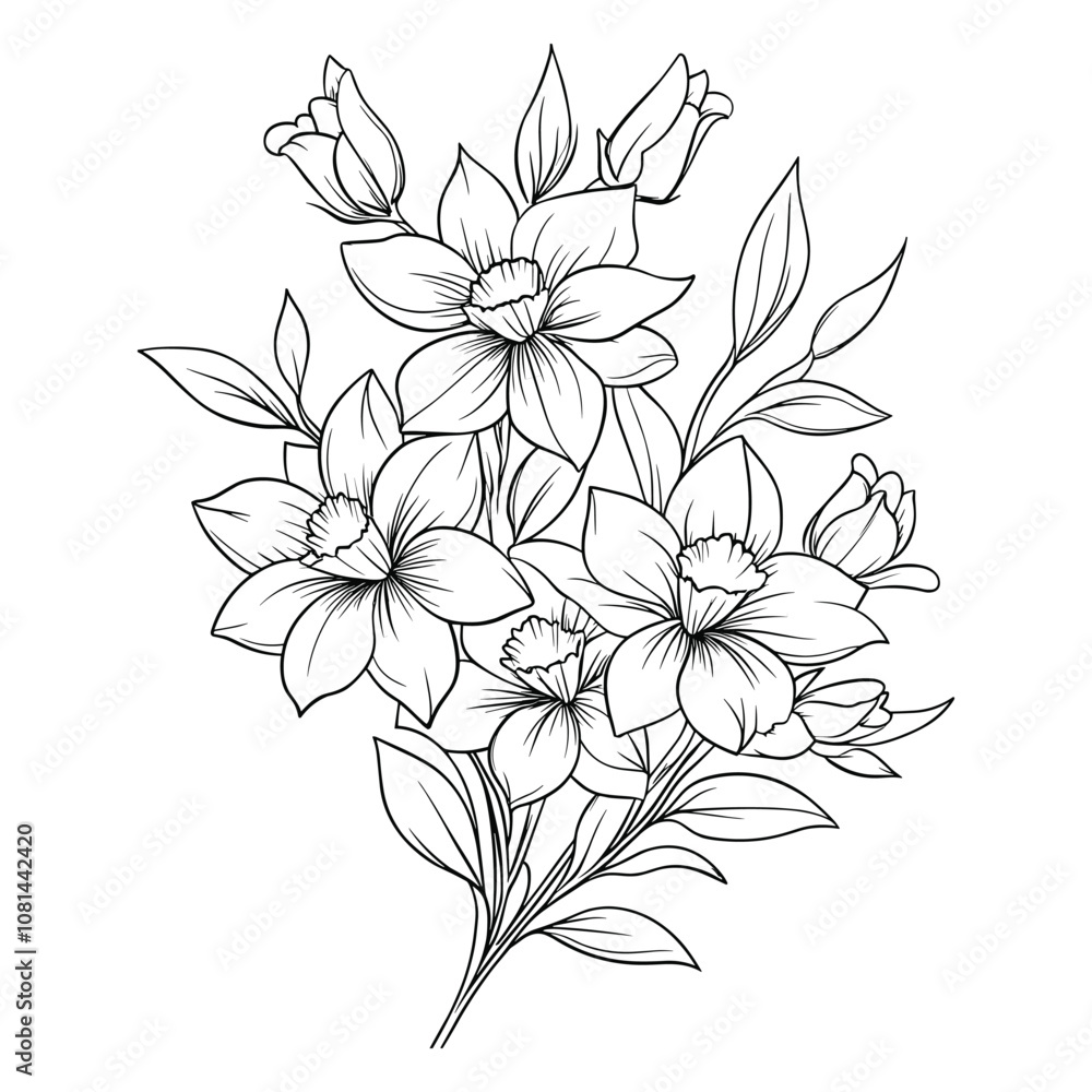 Floral Outline of Blooming Cherry Blossom Branch Floral Outline of Blooming Cherry Blossom Branch