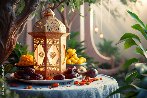 A beautiful Ramadan lantern with dates and fruits on the table, surrounded by trees and greenery, with light rays shining through it.