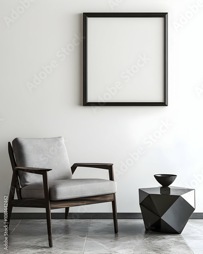 A minimalist interior scene featuring a gray armchair beside a geometric black table, with an empty frame on the wall, creating a modern and stylish atmosphere.