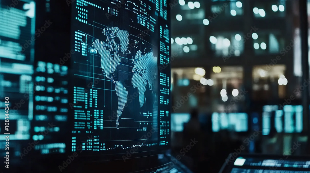 A close-up shot of a computer screen displaying a world map with data and a blurred background of city lights. A close-up shot of a computer screen displaying a world map with data and a blurred background of city lights.