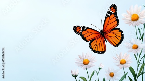 Monarch Butterfly on Daisies Spring Nature Background Floral Illustration