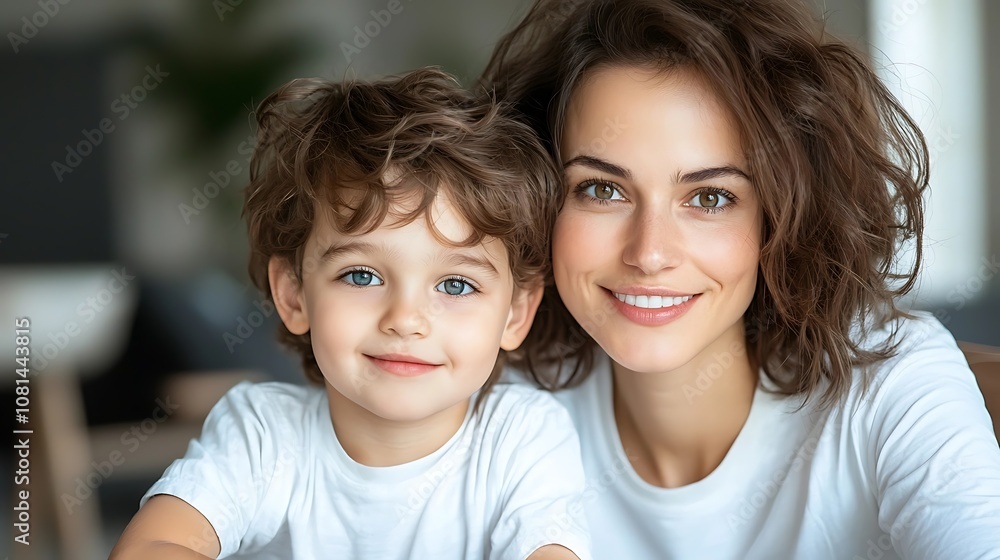 Loving tender embrace between a smiling mother and her young son in a cozy relaxed domestic setting The image captures the warmth affection and strong bond between the parent and child Loving tender embrace between a smiling mother and her young son in a cozy relaxed domestic setting The image captures the warmth affection and strong bond between the parent and child