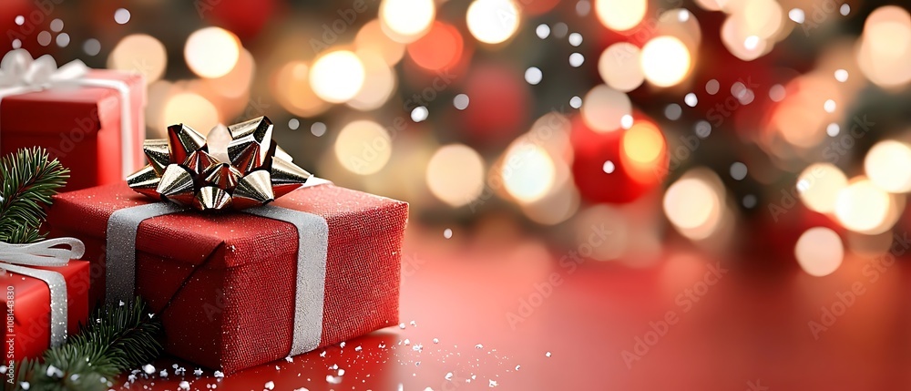 Festive holiday gift boxes wrapped in rich red paper with shiny bows sitting on a cozy Christmas background with glowing lights ornaments and pine branches Festive holiday gift boxes wrapped in rich red paper with shiny bows sitting on a cozy Christmas background with glowing lights ornaments and pine branches