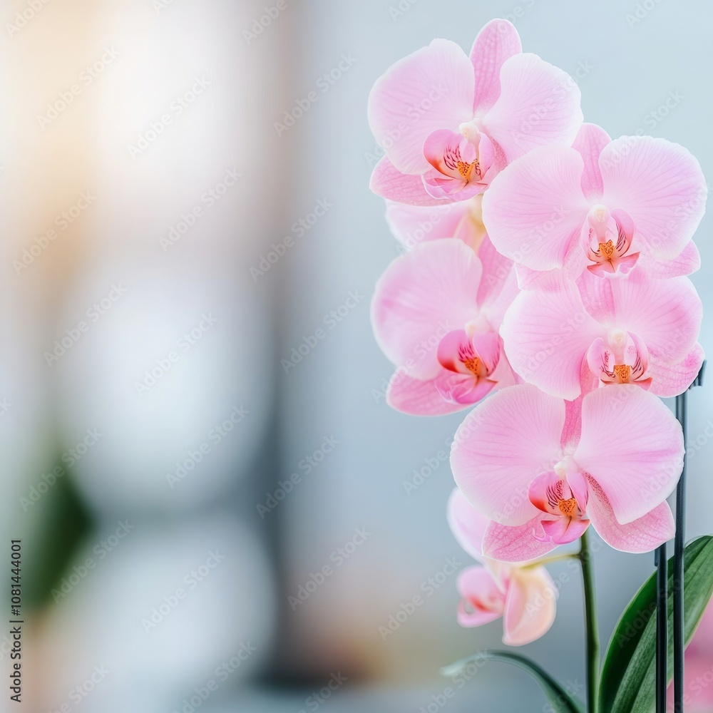 Delicate pink orchid flower blooms in a close-up shot. Delicate pink orchid flower blooms in a close-up shot.