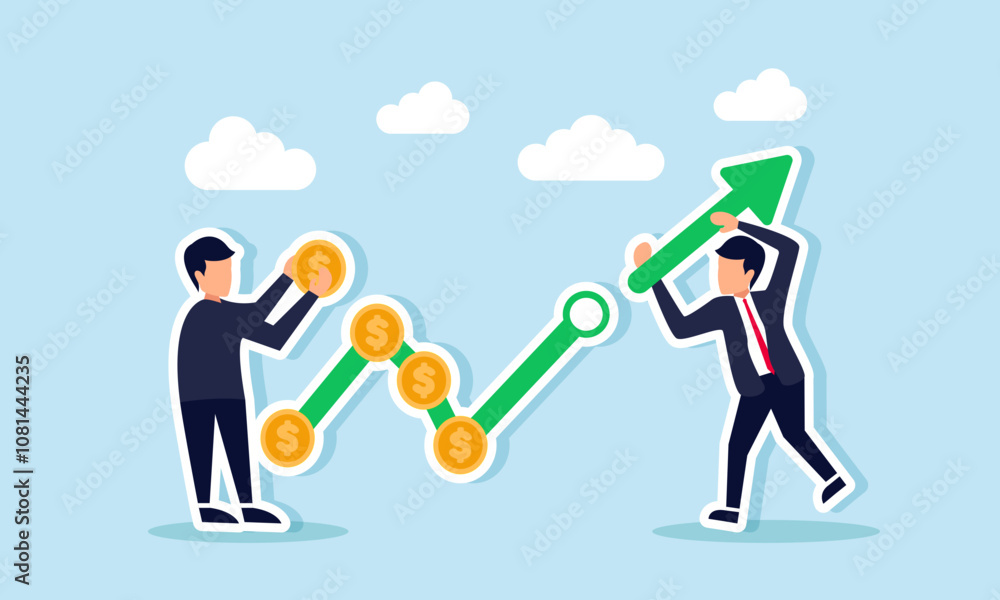 businessmen work together to arrange a rising green chart marked with a dollar coin, illustration of teamwork in boosting business profit and revenue businessmen work together to arrange a rising green chart marked with a dollar coin, illustration of teamwork in boosting business profit and revenue