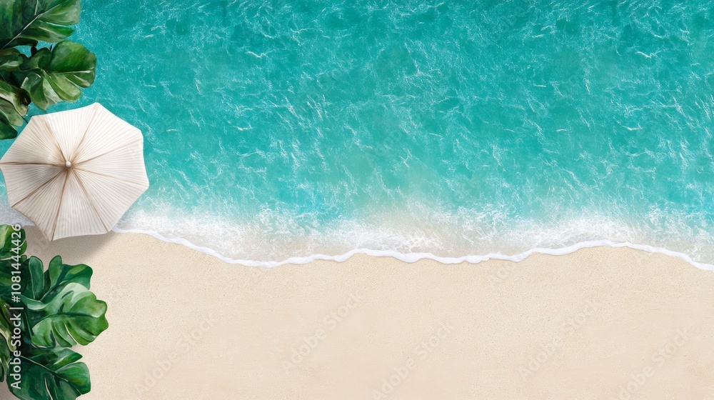 Fototapeta premium Tropical Beach Scene Overhead View of Ocean Sand Umbrella Palm Leaves