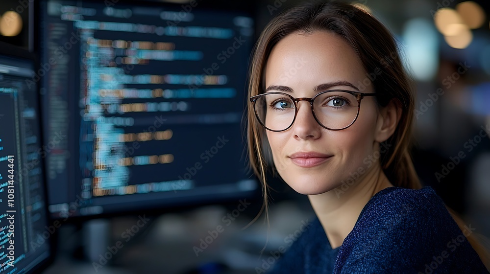 Focused young woman in glasses working on coding and programming on laptop computer in modern office workspace Concept of technology software engineering digital career and professional development Focused young woman in glasses working on coding and programming on laptop computer in modern office workspace Concept of technology software engineering digital career and professional development