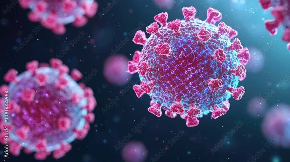 biotechnology and genetics concept, A close-up view of a virus with pink spikes, illustrating its structure and texture against a blurred background that emphasizes its microscopic nature. biotechnology and genetics concept, A close-up view of a virus with pink spikes, illustrating its structure and texture against a blurred background that emphasizes its microscopic nature.