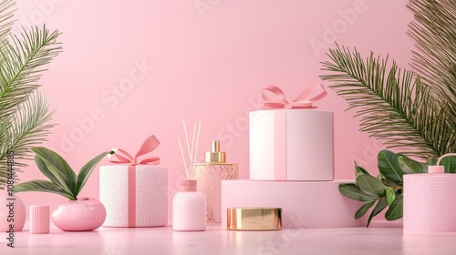 Elegant pink gift setup with cosmetic items